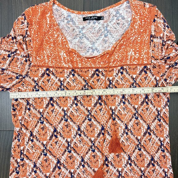 Max Jeans‎ Boho Tunic Top Women’s Medium Rust Orange Diamond Print Tassel Tie - Picture 15 of 16